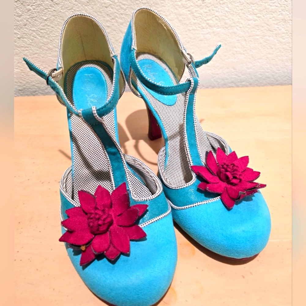 Teal Blue and Raspberry Tstrap Heels